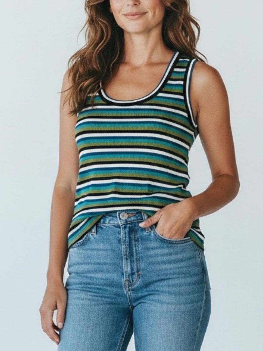 White Stag Striped Ribbed Tank Top Small Blue Green Y2K Sleeveless Stretch Knit